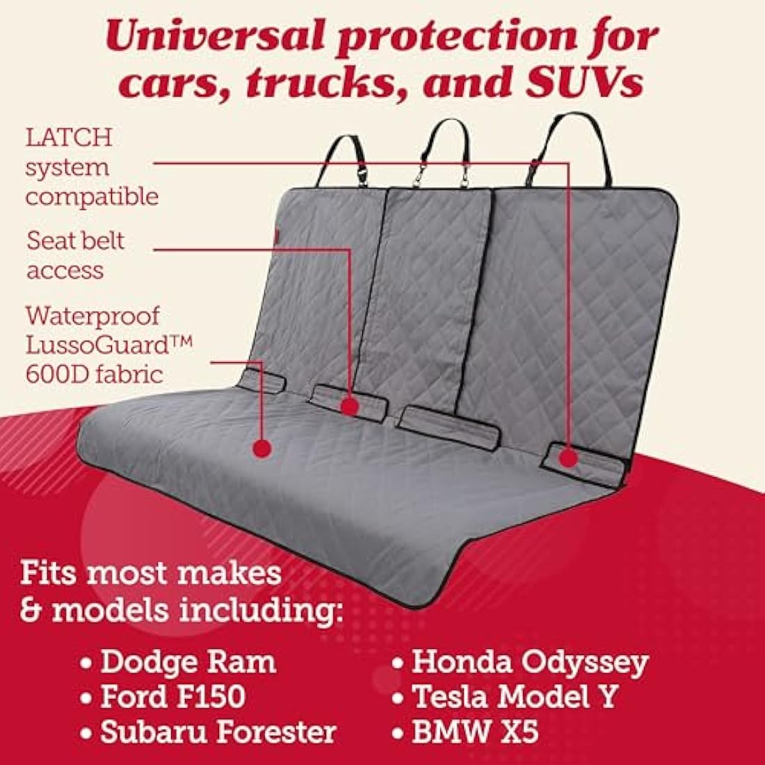 LUSSO GEAR Dog Car Seat Cover for Back Seat | Protects Back Seat From Scratches, Scuffs, Shedding, Mud, & More | 100% Waterproof | Non-Slip Cover Stays Securely in Place | Fits All Cars, Trucks & SUVs