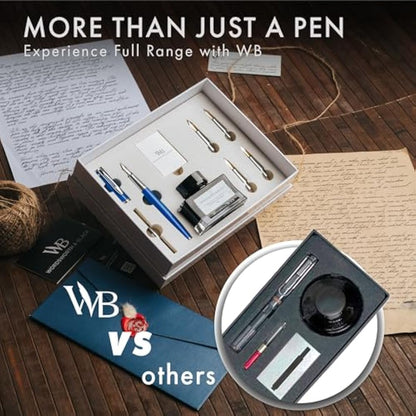 Wordsworth & Black Fountain Pen Gift Set, Includes Ink Bottle, 6 Ink Cartridges, A Refill Converter, 4 Replacement Nibs, Premium Package, Journaling, Calligraphy, Smooth Writing Pens [Blue Chrome]