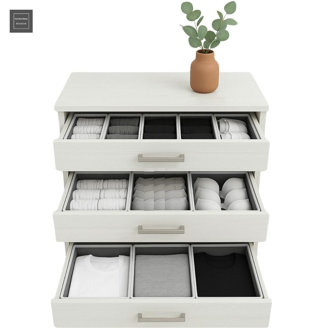 Bermondsey Division Set of 12 Drawer Organiser White/Grey Divider Drawer Dividers Clothes Storage Bedroom Drawers Wardrobe Organiser Storage