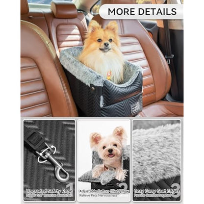 PETSFIT Center Console Dog Car Seat with Safe Protection Hooks, Upgraded Safety Tethers, Washable Cushion, Console Dog Seat for Small Dogs Up to 9 Lbs