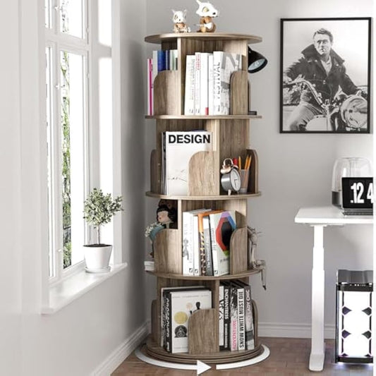 Nisorpa 4 Tier Rotating Bookshelf Floor Standing, 360° Rotating Bookcase for Kids Room, Wooden Spinning Bookshelf, Children Book Shelf Kids Book Storage for Study Room Bedroom Living Room, Black Oak