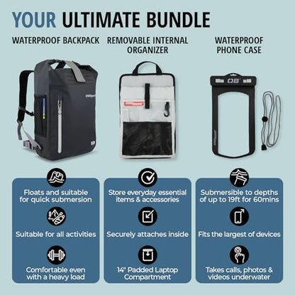 Overboard Explorer Waterproof Backpack Bundle | Roll Top Floating Dry Bag for Kayaking, Beach, Boating, Hiking, Rafting | Includes Waterproof Phone Case and Backpack Organiser