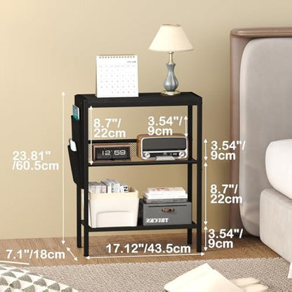 Yusong Small Narrow Side Table for Small Spaces, Slim End Table with Storage Bag, Sofa Snack Table with Adjustable Metal Mesh, 3 Tier Accent Skinny Beside Table for Living Room & Bedroom, Black Oak