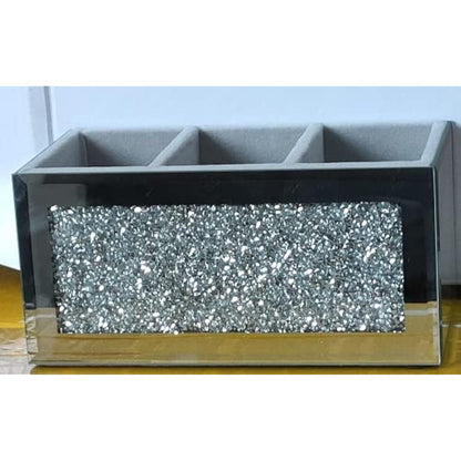 EagleWiz Crushed Diamond Jewel Brush Holder Organiser Beauty Box, 3 Compartment Makeup Storage Box, Silver