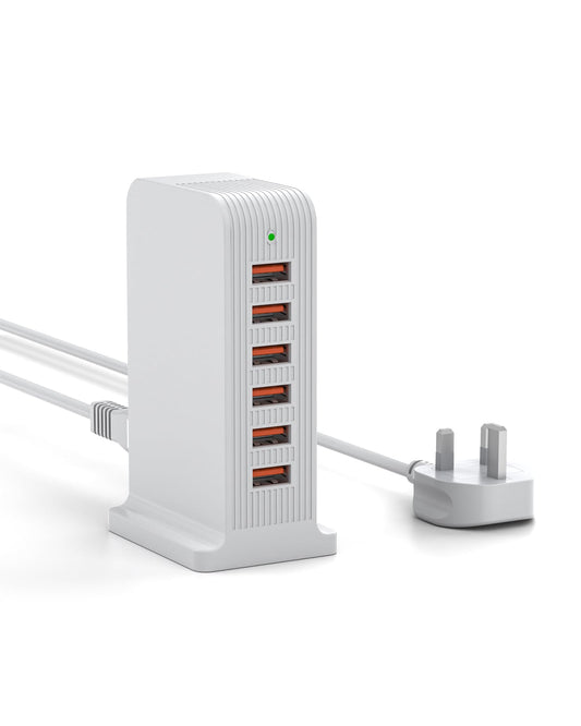 Qurzou USB Charger,50W Multi Charger 6 Port USB Tower Charging Station for iPhone 15/14/13 Pro/Pro Max,Samsung,iPad,Android,iOS etc(white)