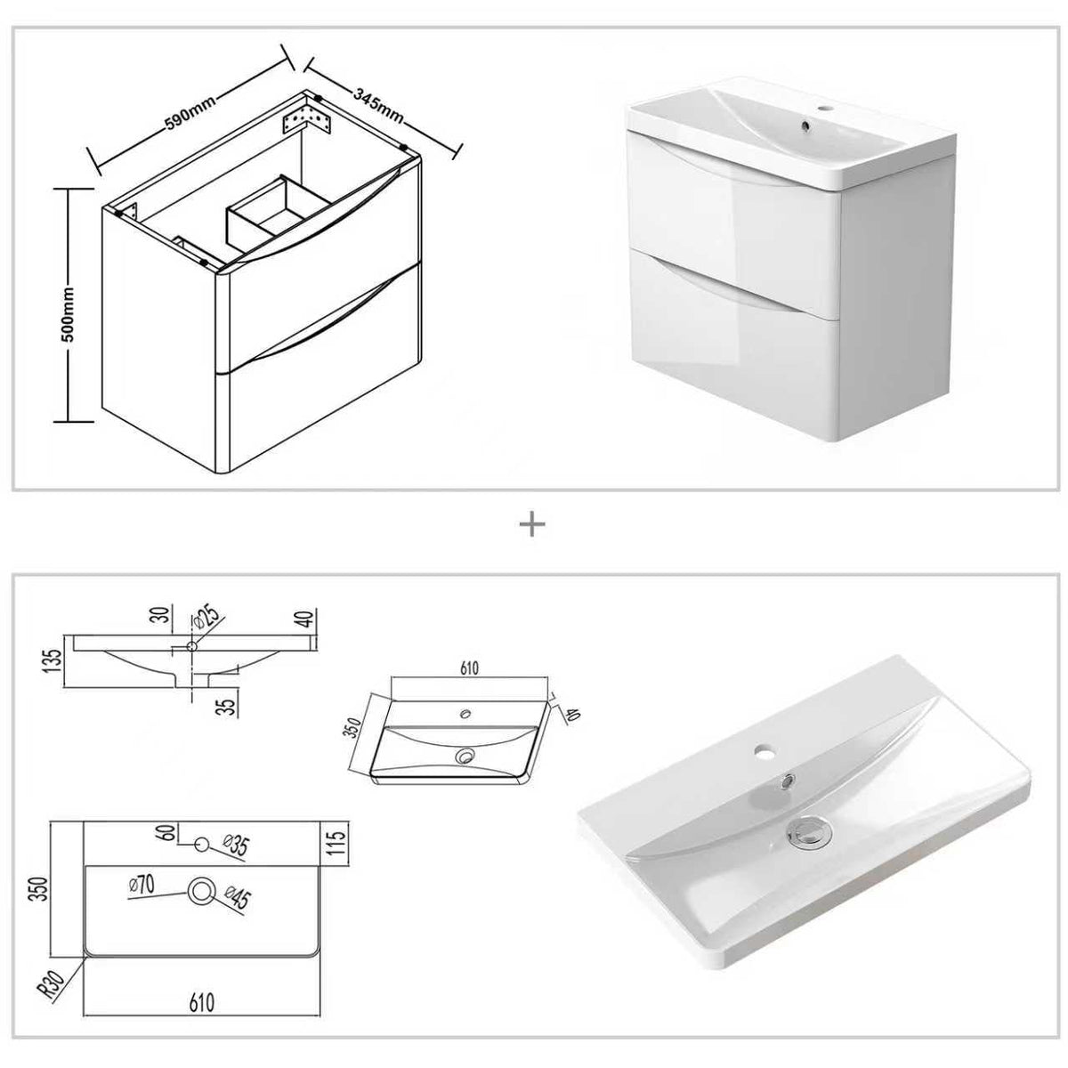 Biubiubath 600mm Bathroom Sink Unit with Basin Gloss White 2 Soft Close Drawers Wall Mounted Bathroom Suite with Vanity Unit Modern Smile Handle