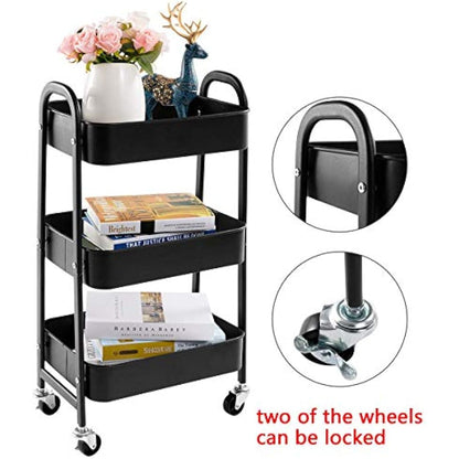 DOEWORKS Storage Trolley on Wheels Metal 3 Tier Trolley Cart Kitchen Trolley Craft Trolleys Beauty Trolleys Rolling Storage Utility Cart for Books Room Bathroom Office, Black