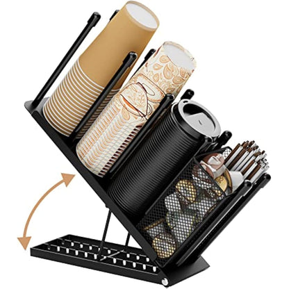Ovicar Cup and Lid Holder - Adjustable 4 Compartment Disposable Cup Dispenser with Coffee Pod Straw Storage Basket for Bar Countertop Breakroom Metal Black