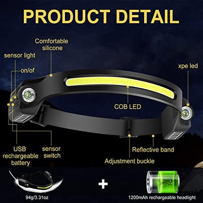 Head Torch Headlamp 2 Packs 6 Modes Motion Sensor Headlight 260 Degree Widen View Rechargeable LED Headtorch IPX4 Waterproof Hands-Free Flashlight gift for Adults Kids Camping,Running,Fishing,Cycling