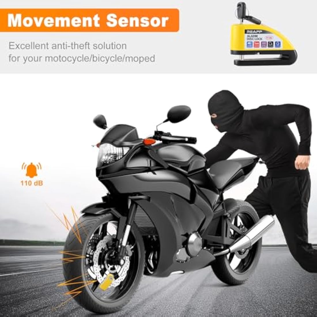 REAPP Alarm Disc Lock Motorbike Lock, Disc Brake Lock 110db with Reminder Cable and Carry Pouch, High Security Disc Lock for Motorcycle Bike Moped Motocross
