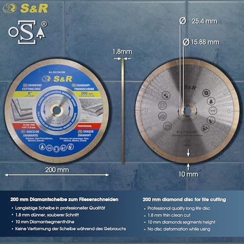 S&R Diamond Saw Blade 200 * 25,4 * 7 mm (1,6 mm), table saw, for porcelain, fine stoneware, hard tiles, granite