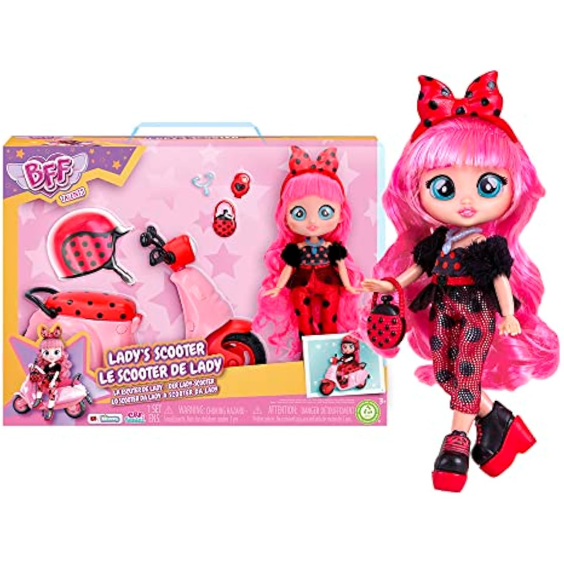 Cry Babies BFF by Lady Playset Dolls Bambola BFF Lady Ha Il SUO Scooter, 10 Accessories, Giocattolo Bambine and Bambini +3 Anni