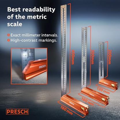 Presch Try Square Set | 200mm, 300mm & 400mm | All-in-One Compact Set | Includes rust-free marking gauge (20cm, 30cm & 40cm), level & scribing needle | 90° & 45° | Carpenters Squares, Square Tool