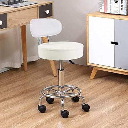 KKTONER PU Leather Rolling Stool Mid-Back with Footrest Height Adjustable Office Computer Home Drafting Swivel Task Chair with Wheels (White)
