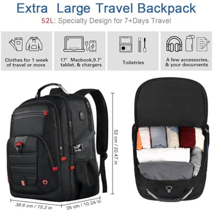 Z-MGKISS Travel Laptop Backpack, 52L Extra Large Backpack for Men, Overnight Backpack, TSA Flight Rucksack 17.3 Inch, Anti-Theft Work Bag with USB Port, Big Computer Bag for College & Business, Black