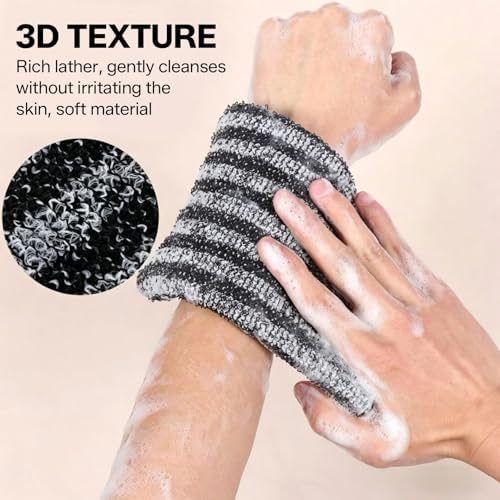 IHONYI Exfoliating Wash Cloth for Men, Black Stripe Body Scrub Towel with Carbon Fiber & Polyester, Deep Cleansing Bath Towel for Skin Care