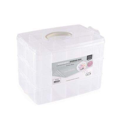 Vaessen Creative Plastic Storage Box with Lid 25x16,5x18,5cm - 3 Layers and 30 Adjustable Compartments of 5 x 8 x 5,5cm - Clear Organiser for Sewing