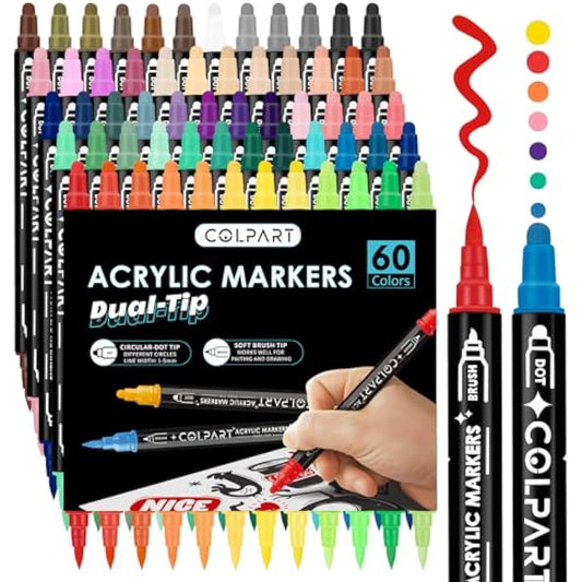 colpart Acrylic Paint Markers,Acrylic Paint Pens Paint Markers,60 Colors Dual Tip Paint Pens With Medium Tip and Brush
