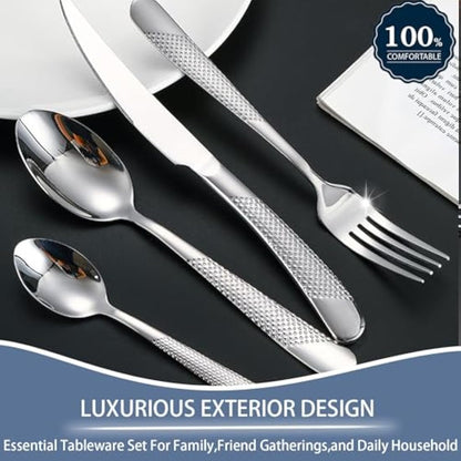 Cutlery Set with Stand, 24 Piece Gold Silverware Set Cutlery Set, Stainless Steel Flatware Set for 6 Person, Mirror Polished Tableware Set with Holder for Home Kitchen (Silver)