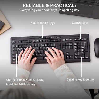CHERRY STREAM DESKTOP, Wireless Desktop Set, EU Layout (QWERTY), 2.4 GHz RF, Quiet Keystrokes, Flat Keys, Battery-Operated, Black