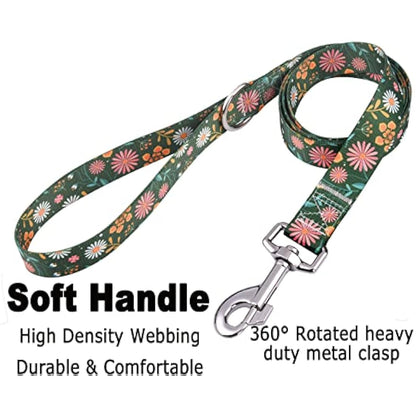 Mihqy Dog Collar and Lead Set with Bohemia Floral Tribal Geometric Patterns - Soft Ethnic Style Collar Adjustable for Small Medium Large Dogs(Dark Green Flower Set,L)