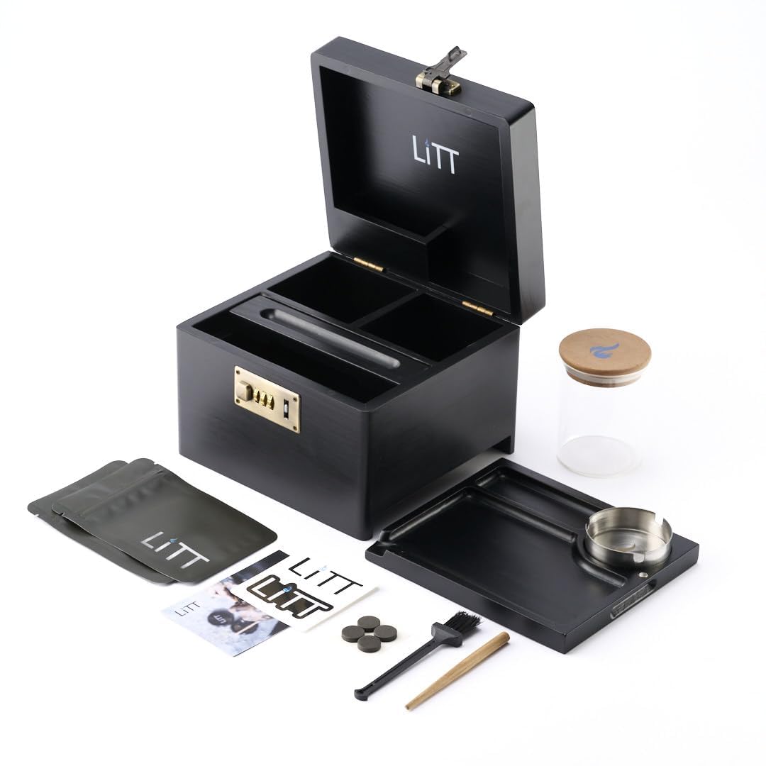 LITT - Premium Wooden Combination Lock Storage Stash Box Set with Glass Jar, Hidden Tray, and Storage Box Black