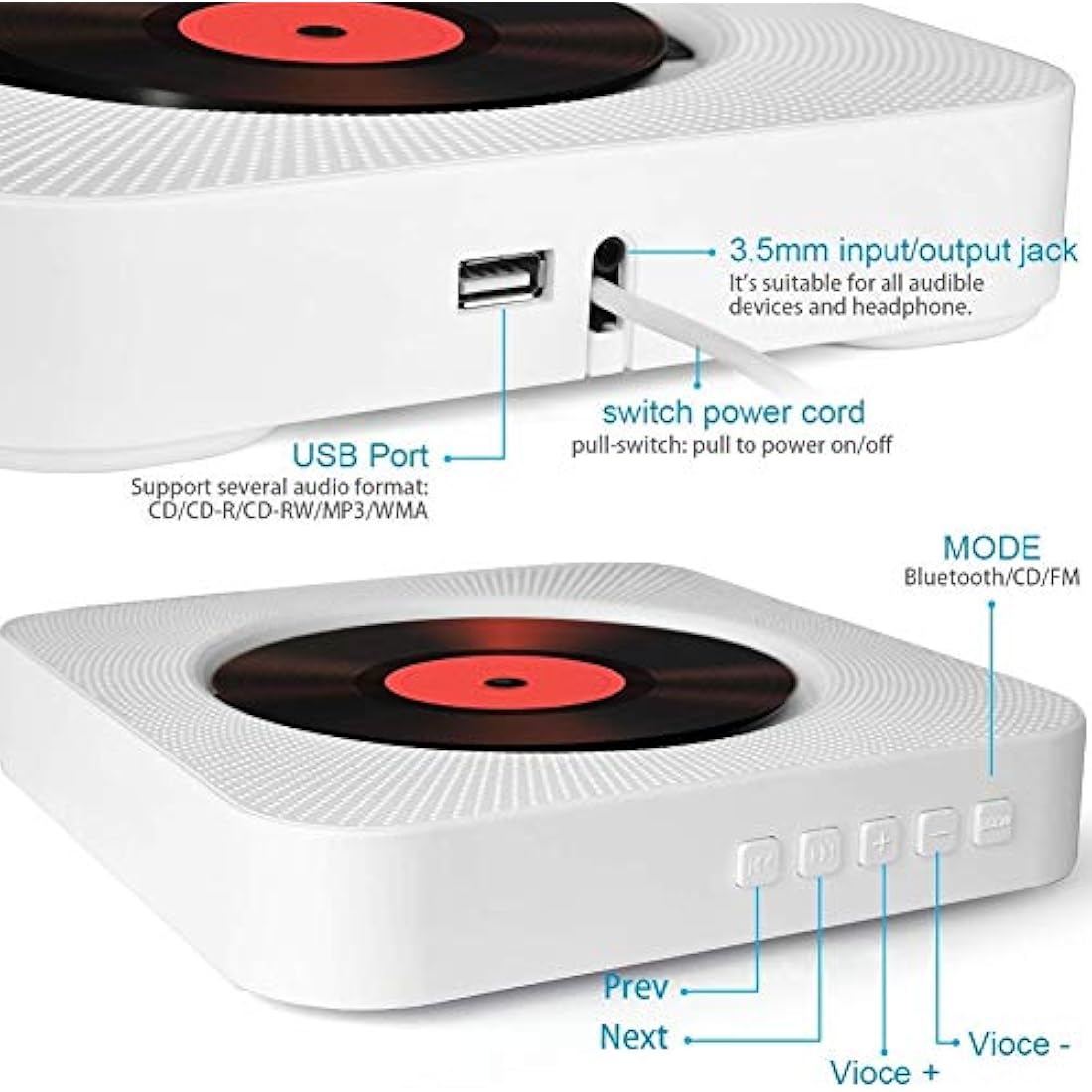 Adirigo Desktop Portable CD Player with Bluetooth - Multifuctional Wall Mounted Music CD Player Built in HiFi Speakers Home Audio Boombox with Remote Control Input Output with Pulling Switch（White）