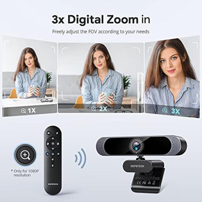 DEPSTECH 4K Webcam, Ultra HD 1/2.55'' Sony Sensor, 3x Digital Zoom, Dual Noise-Canceling Microphones, Remote Control, Auto Focus, Streaming Camera Webcam for PC, Laptop, Video Call, Zoom, Skype, Teams