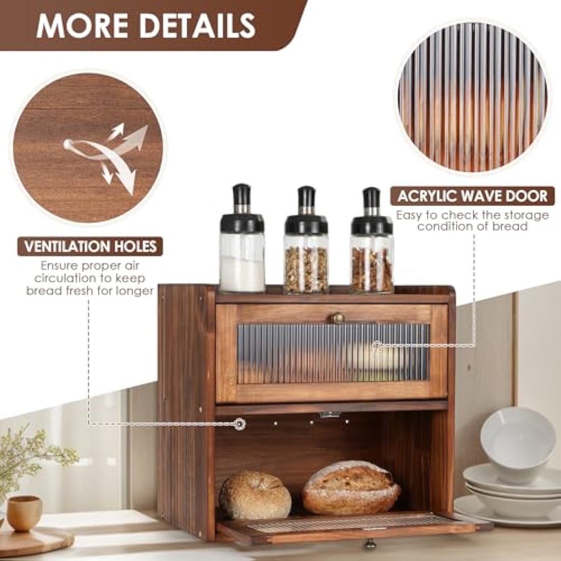 GUUSII HOME Bread Bin Wooden Breads Storage Box for Kitchen Countertop Double Decker Large food Container Homemade Front Opening Vintage Tall Fruit & Veg Cupboard Keep Fresh 36.5x24x34 cm(Brown, L)