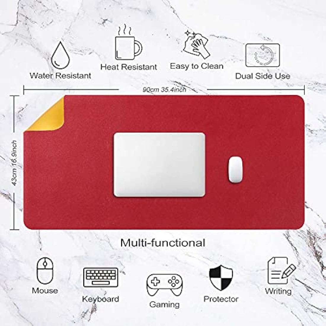 Desk Pad Large, Desk Mat, Extended Mouse Mat, Mouse Pad XXL, Desk Blotter, DOBAOJIA Laptop Pad Writing Pad for Office/Home, Dual-Side Use PU Leather Waterproof 35.4" X 16.9" (Red/Yellow)