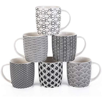 MACHUMA Set of 6 Coffee Mugs 340 ML/11.5 oz with Black and White Geometric Patterns, Ceramic Tea Cup Set 6 Pack
