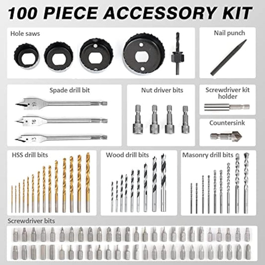 C P CHANTPOWER Drill Bit Sets, 100 Pcs HSS Titanium Screwdriver Bits Set with Storage Case for Metal, Wood, Masonry, Includes Countersink Drill Bit