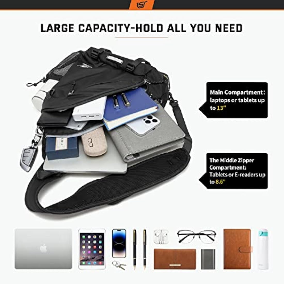 SKYSPER Sling Laptop Bag (Up to 13 Inch) - 18L Crossbody Sling Backpack Travel Shoulder Bag Hiking Daypack for Men Women