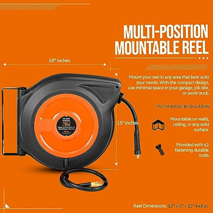 SuperHandy Air Hose Reel Retractable Spring Driven 3/8" x15m (50' ft) Long 300PSI 20BAR Max Polypropylene Premium Flex Hybrid Polymer Hose for Indoor Outdoor Use w/Lead in Hose & PVC Handle