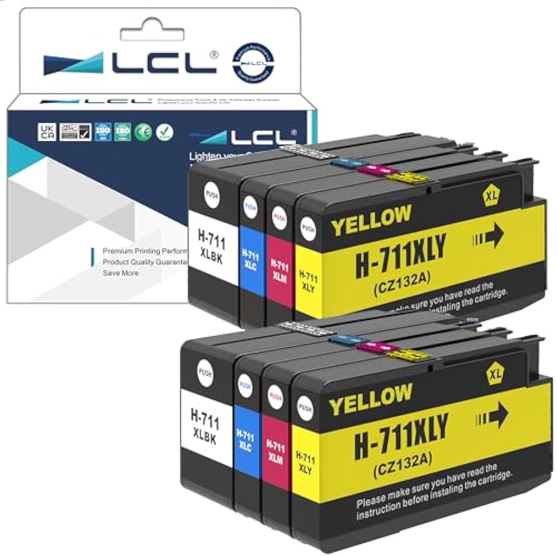 LCL 711XL High Yield Ink Cartridge Replacement for HP 711 711XL 711 XL for HP T120 24 T120 610 T520 24 T520 36 T520 610 T520 914 T125 24 T530 T130 T525 (2BK 2C 2M 2Y)