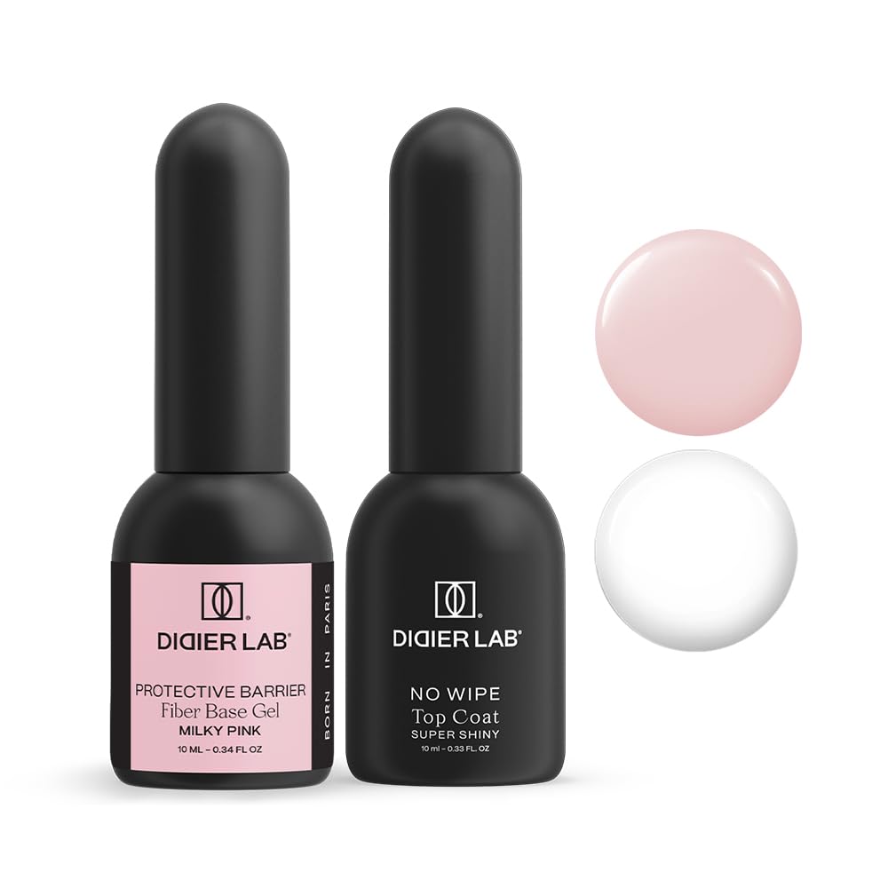 DIDIER LAB Premium Set - Fiber Base Coat Milky Pink and Super Shiny Top Coat - TPO Free - Strengthening Gel Set Nail Polish - Semi-Permanent UV Gel