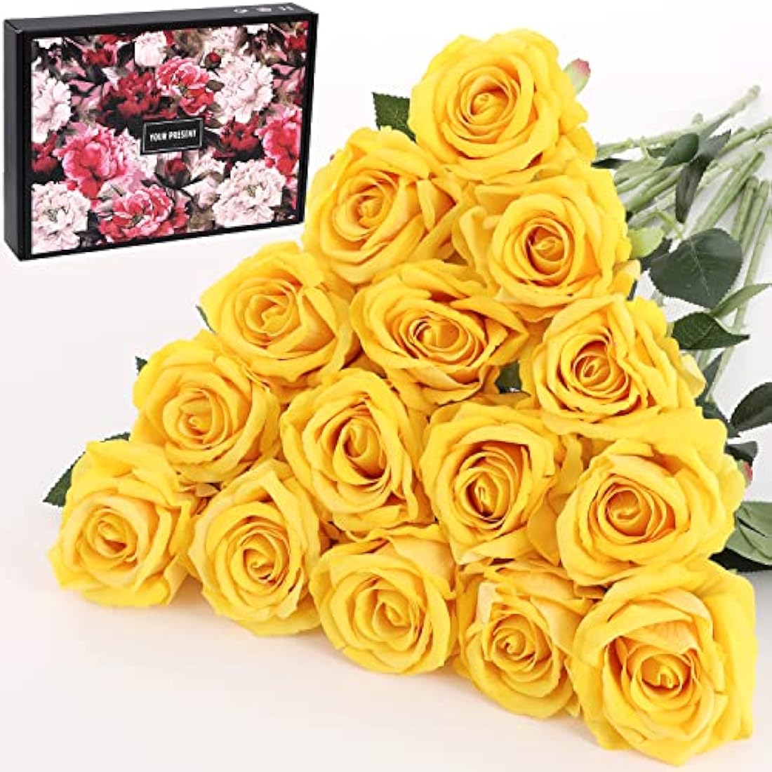 Cloudecor 15Pcs Artificial Roses Velet Real Touch Single Stem Fake Roses Silk Realistic Bouquet Flowers Arrangements Home Office Party Wedding Decoration (Round Roses - Yellow 15p)