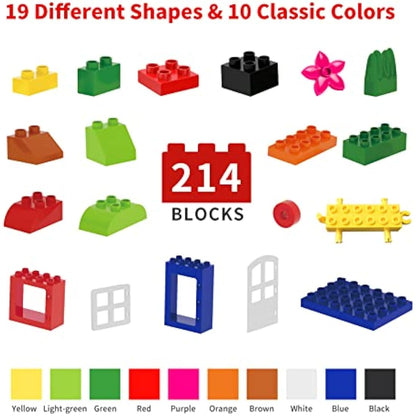 Big Building Block Set - 214 Pieces Toddler Educational Toy Classic Large Size Building Block Bricks - 13 Fun Shapes and Storage Bucket - Compatible with All Major Brands Bulk Bricks Set for 3+ Ages