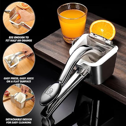 Stainless Steel Lemon Squeezer, Heavy-Duty Orange Juicer, Durable Hand Press Citrus Juicer, Portable Lime Squeezer, Rust-Free, Easy to Clean, Ideal for Kitchen & Bar, 5-Year Warranty
