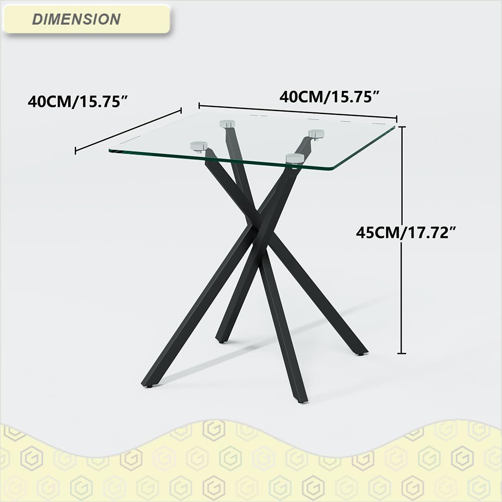 GOLDFAN Glass Side Table High Gloss Small Square End Table with Tempered Glass Top and Metal Tubular Legs, Modern Table for Office and Small Space