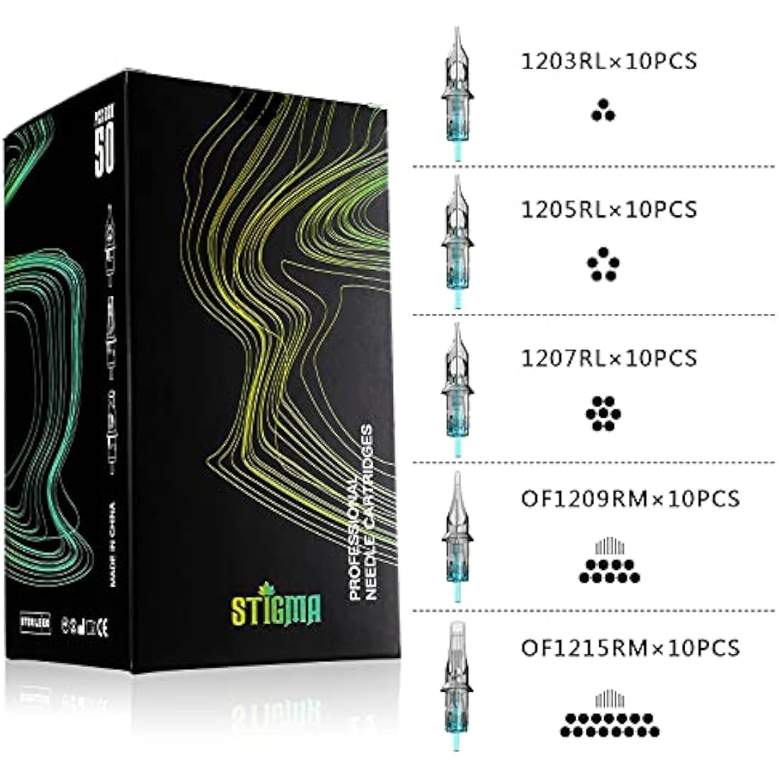 STIGMA 50Pcs Tattoo Cartridges Needles Disposable Mixed #12 Standard Round Liner Curved Magnum Shader 3RL 5RL 7RL 9RM 15RM EN02B-50KIT-X