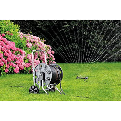 Claber Metal Gemini hose reel with metal frame and drum, ideal for large-sized gardens