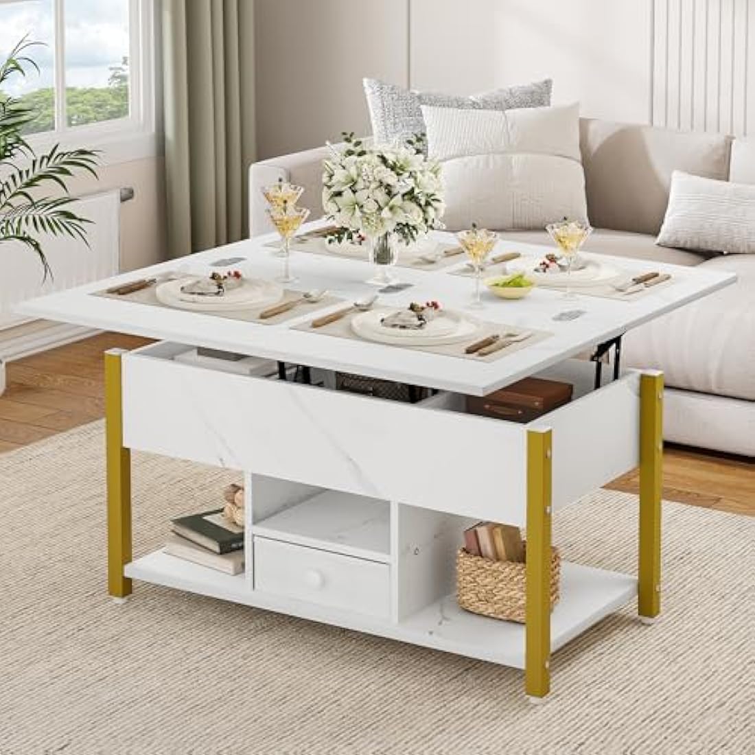 YITAHOME Lift Top Coffee Table with Drawers, 4 in 1 Multi-Function Liftable Coffee Table with Storage Space, Converts to Dining Table for Living Room Dining Room, White Marble