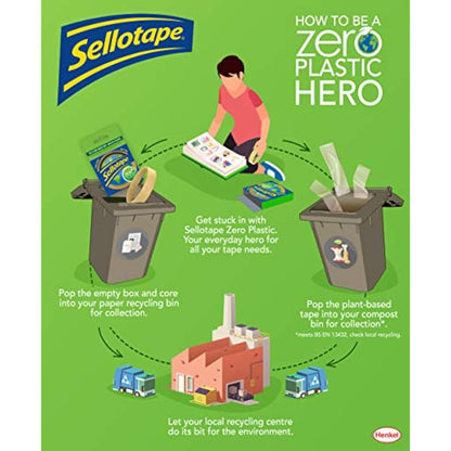 Sellotape Zero Plastic Tape, Multi-Purpose Clear Tape for Household Objects & Sticking Envelopes or Cards, Easy to Use Plant Based Packaging Tape with 0% Plastic, 24mm x 30m, Pack of 3