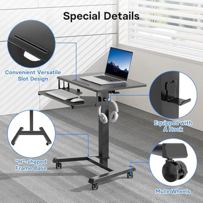 BONTEC 65 × 45cm Two-Tier Mobile Computer Workstation with 4 Rolling Castors, Laptop Stand on Wheels, Height Adjustable Standing Desk, Side Table for Living Room, Bedroom, Medical