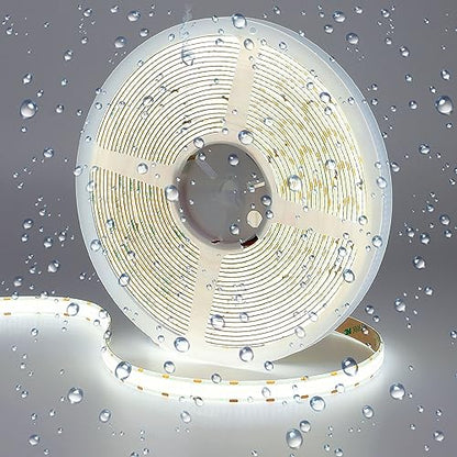 GOMING 32.8ft(10M) DC 24V Double Row COB LED Strip Light Cool White 6000K IP65 Waterproof 6000LEDs CRI 93+ 20000lm Uniform Glow Dotless Flexible LED