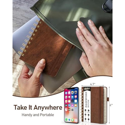 WEMATE Spiral Password Book with Alphabetical Tabs, Small Password Keeper Book for Seniors, Internet Password Notebook Hardcover Password Journal logbook – 12 x 15cm (Brown)
