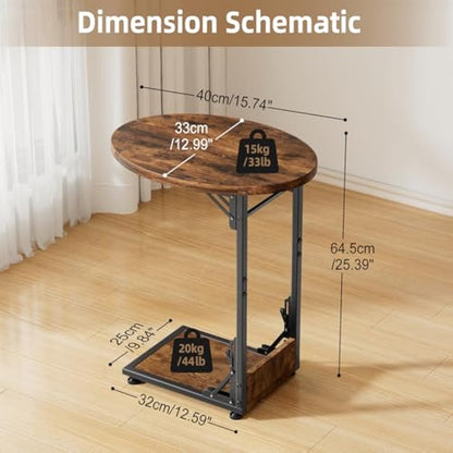 Mutool C Shaped Side Table, Foldable Round Sofa Table with Metal Frame, Small Coffee Table for Living Room Bedroom Office, Rustic Brown & Black