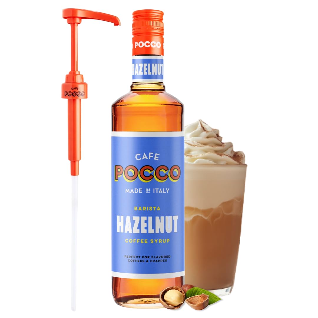 Cafe Pocco Premium Hazelnut Coffee Syrup with Pump - Gluten Free and Vegan Syrup, Ideal for Lattes, Cappuccinos, Espresso, Americano - Glass Bottle