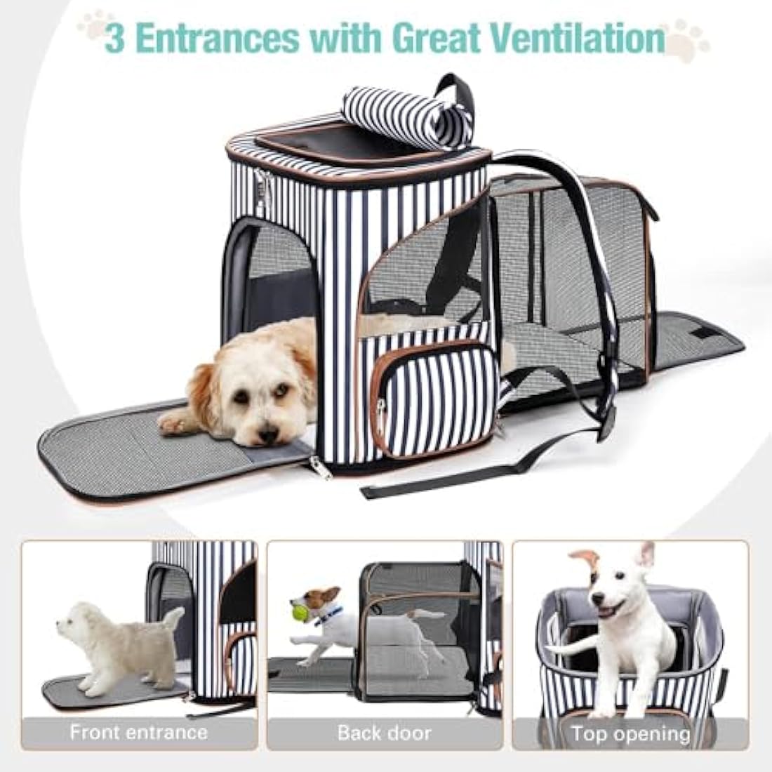 Lekesky Expandable Cat Carrier Backpack - Portable Breathable Rucksack for Medium and Small Cats & Dogs, Foldable with Inner Escape-proof Leash and Pet Mat, Supports 25 lbs (Striped)